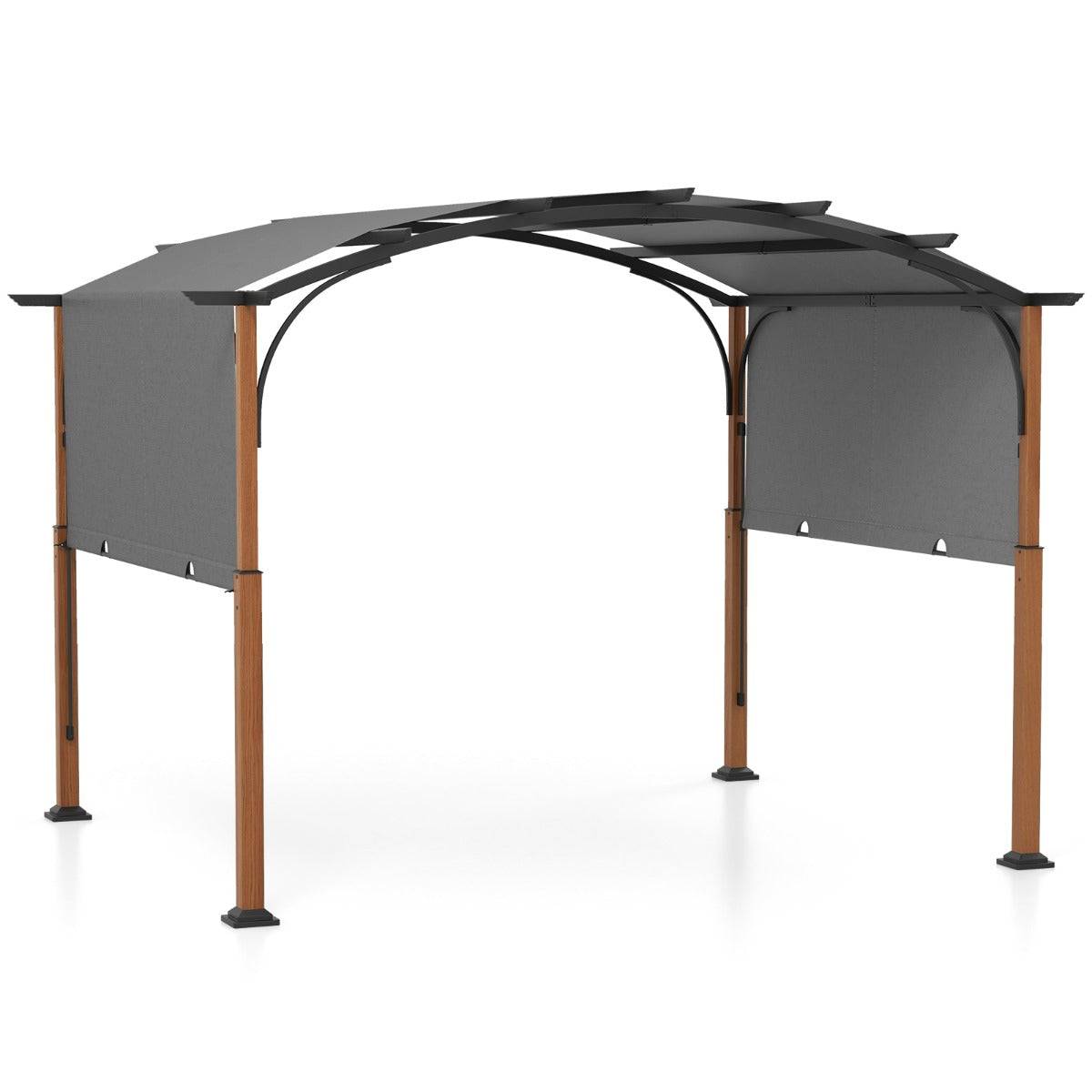 Helloshop26 - Pergola rétractable 300 x 360 cm pergola métallique à arcs pour patio avec auvent rétractable poteaux aspect bois tonnelle treillis gris - Imagen 1