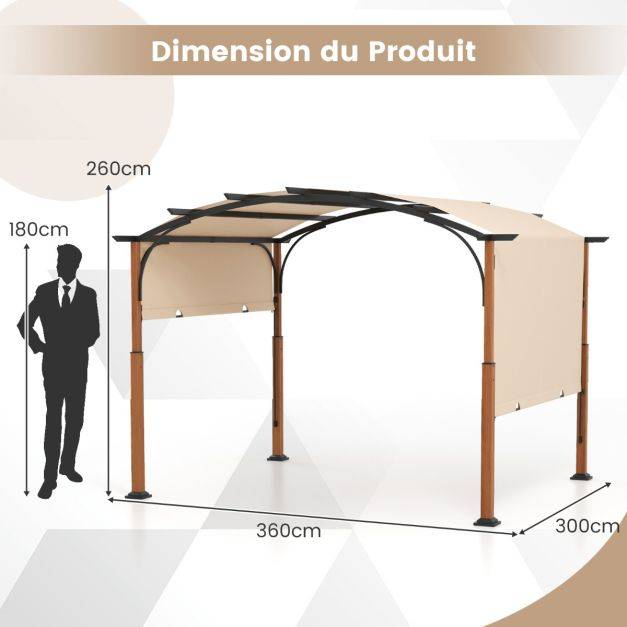 Helloshop26 - Pergola rétractable 300 x 360 cm pergola métallique à arcs pour patio avec auvent rétractable poteaux aspect bois tonnelle treillis gris - Imagen 6