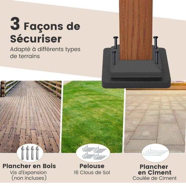 Helloshop26 - Pergola rétractable 300 x 360 cm pergola métallique à arcs pour patio avec auvent rétractable poteaux aspect bois tonnelle treillis gris - Imagen 5