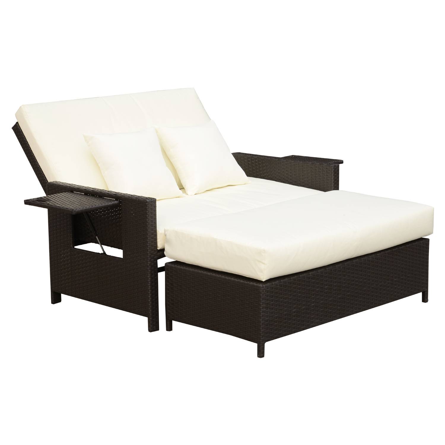 Outsunny - Ensemble de jardin 2 places : canapé inclinable tablettes coffre matelas coussins repose-pieds résine tressée chocolat polyester crème - Outsunny - Imagen 1