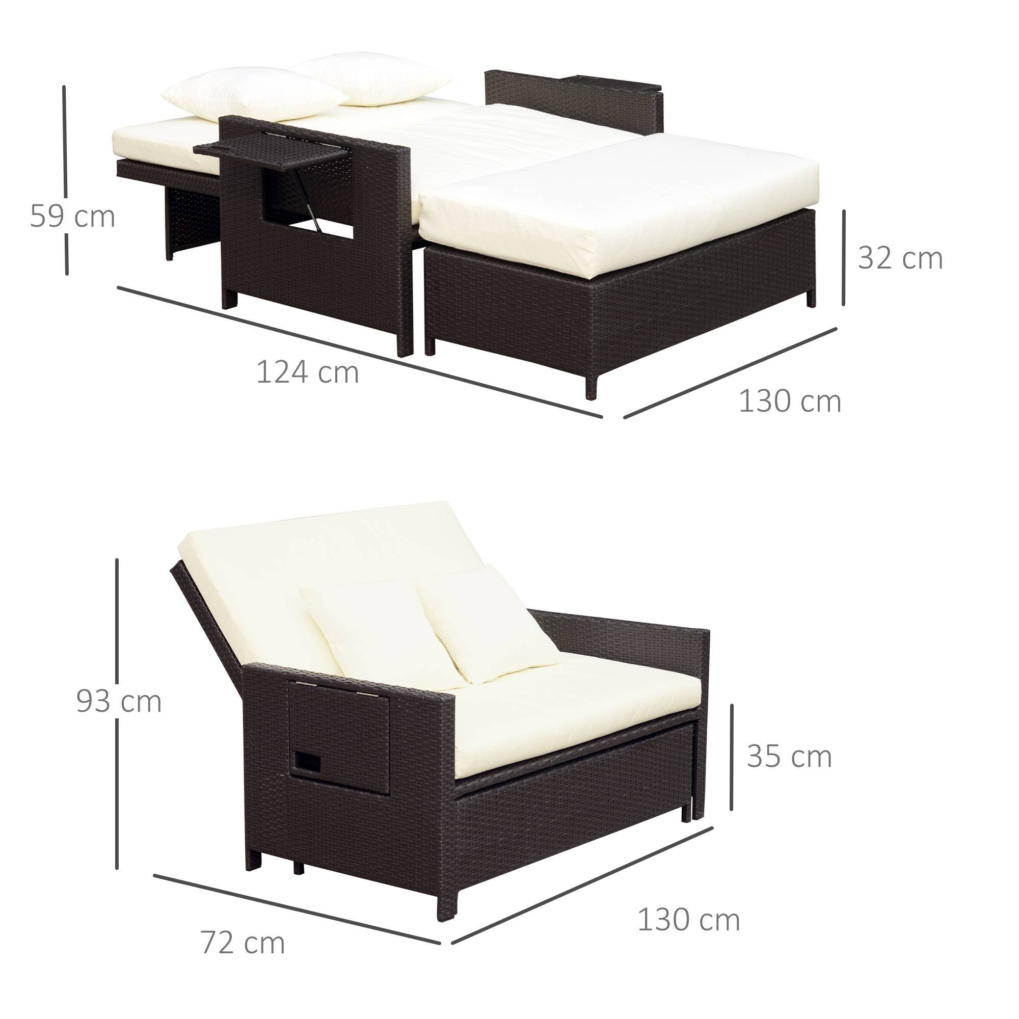Outsunny - Ensemble de jardin 2 places : canapé inclinable tablettes coffre matelas coussins repose-pieds résine tressée chocolat polyester crème - Outsunny - Imagen 3