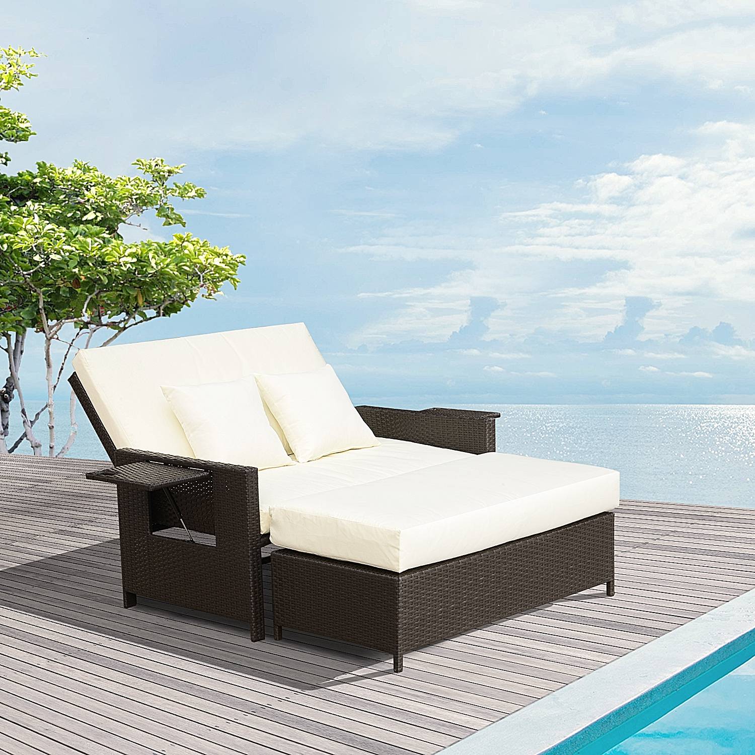 Outsunny - Ensemble de jardin 2 places : canapé inclinable tablettes coffre matelas coussins repose-pieds résine tressée chocolat polyester crème - Outsunny - Imagen 2
