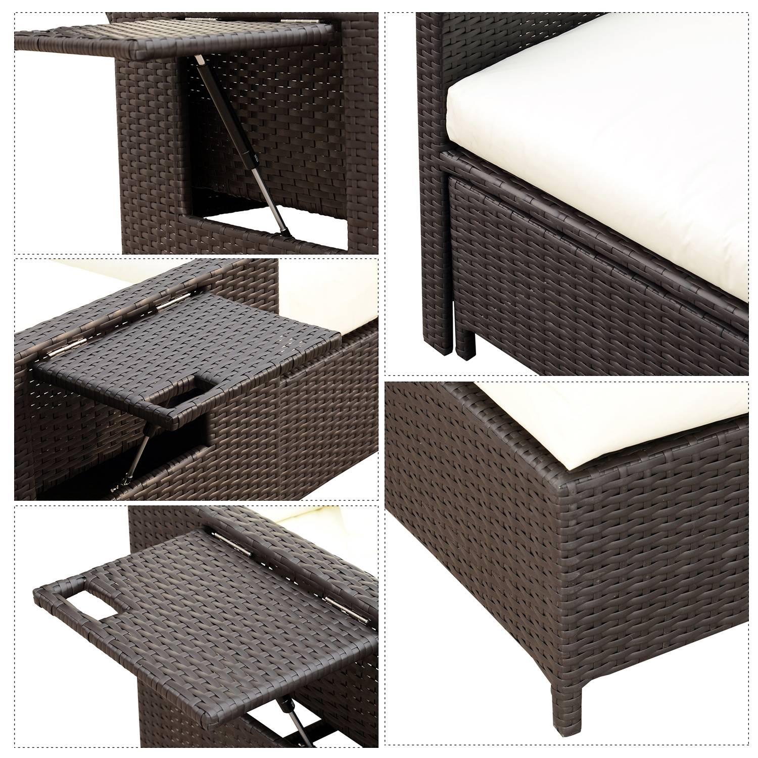 Outsunny - Ensemble de jardin 2 places : canapé inclinable tablettes coffre matelas coussins repose-pieds résine tressée chocolat polyester crème - Outsunny - Imagen 9