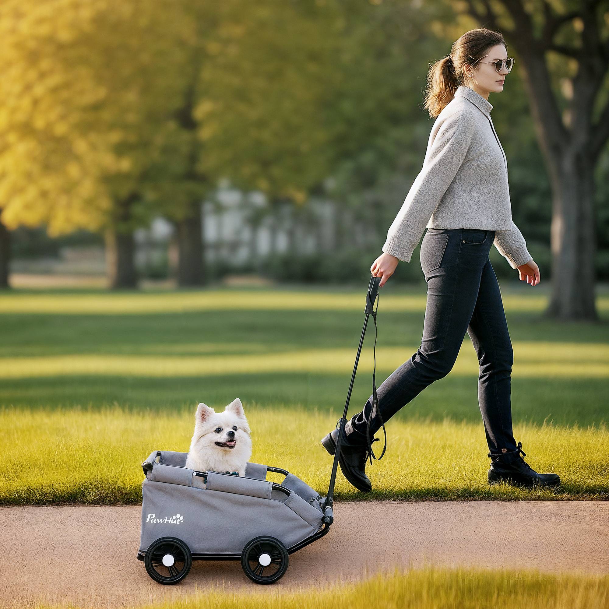 Sans Marque - Poussette chien poussette petit chien pliable 4 roues tige poussée réglable 53x45x28 cm gris - Image 3