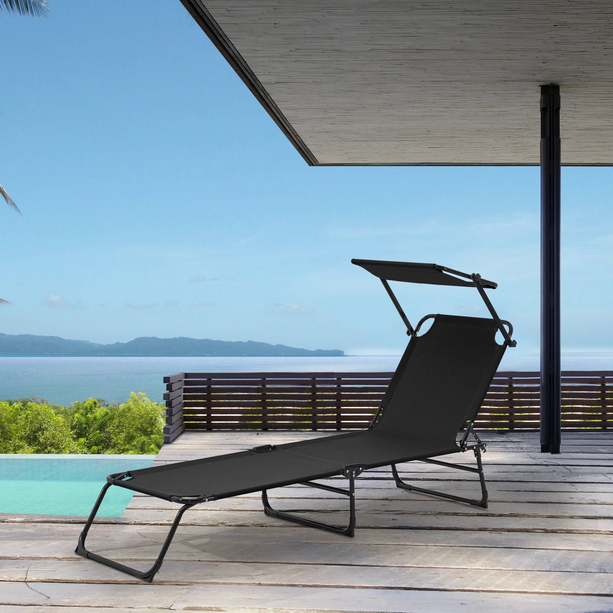 Casa.Pro - Tumbona Plegable Lomeda con Parasol Negro 187 x 53 x 27 cm [casa.pro] - Imagen 2