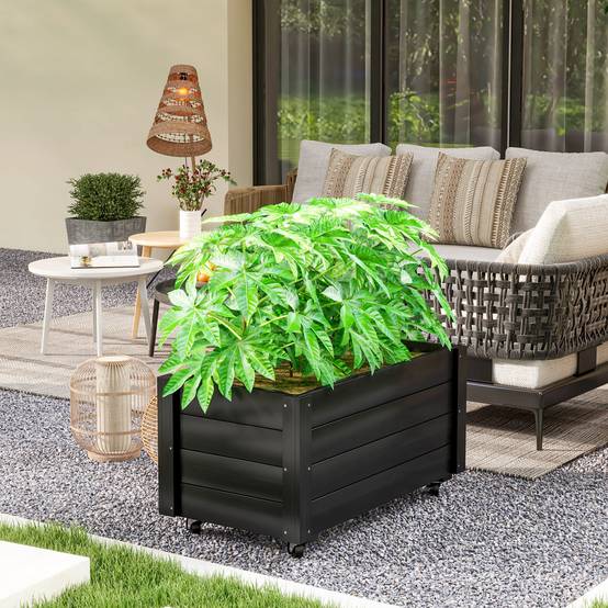 Carré potager sur pied bois terrasse bac fleurs avec roues drainage 89x48x47cm noir - ComfortXL Outdoor Living - Image 4