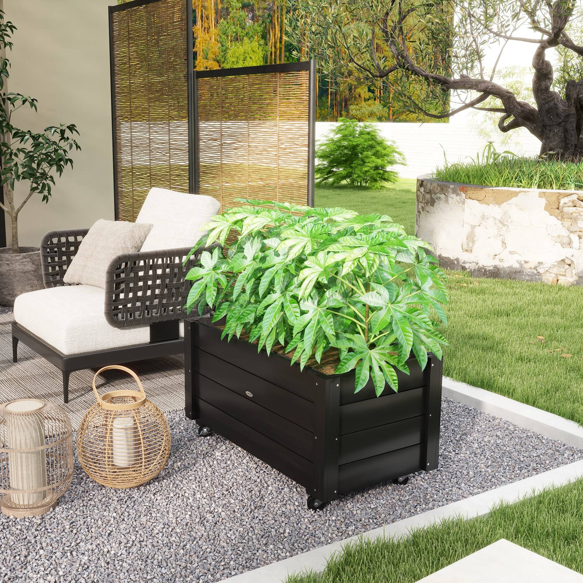 Carré potager sur pied bois terrasse bac fleurs avec roues drainage 89x48x47cm noir - ComfortXL Outdoor Living - Image 10