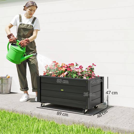 Carré potager sur pied bois terrasse bac fleurs avec roues drainage 89x48x47cm noir - ComfortXL Outdoor Living - Image 5