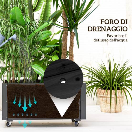 Carré potager sur pied bois terrasse bac fleurs avec roues drainage 89x48x47cm noir - ComfortXL Outdoor Living - Image 8