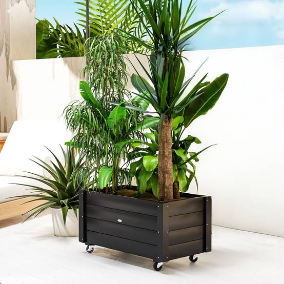 Carré potager sur pied bois terrasse bac fleurs avec roues drainage 89x48x47cm noir - ComfortXL Outdoor Living - Image 3