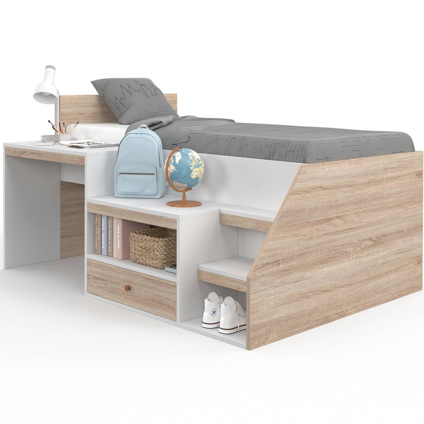 Lit combiné avec sommier, bureau et rangement LEOPOLD 90 x 190 cm hêtre et blanc - Image 2