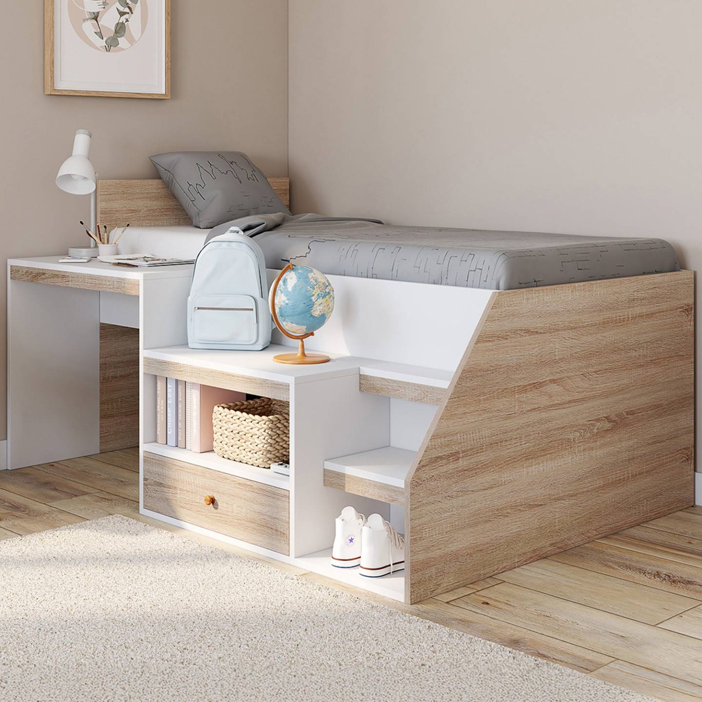 Lit combiné avec sommier, bureau et rangement LEOPOLD 90 x 190 cm hêtre et blanc - Image 1
