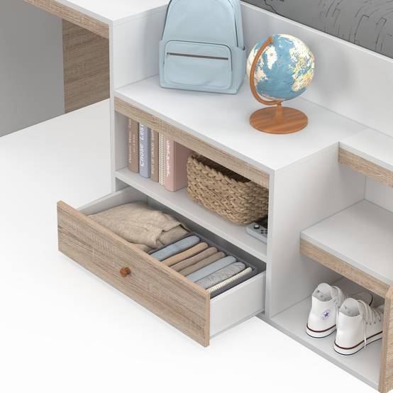 Lit combiné avec sommier, bureau et rangement LEOPOLD 90 x 190 cm hêtre et blanc - Image 6