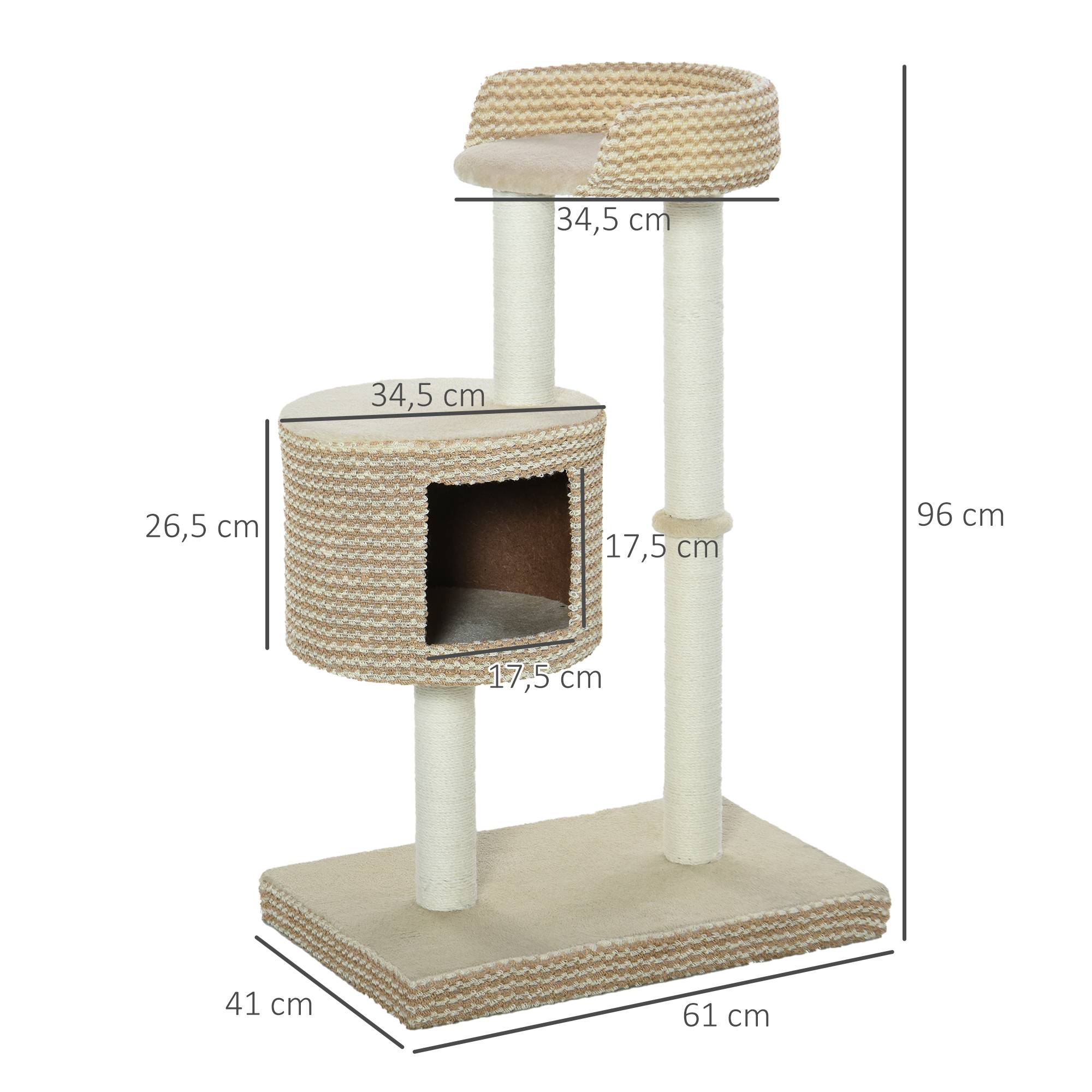 Pawhut - Arbre à chats style cosy chic griffoirs jute naturelle niche plateforme peluche courte bicolore beige café - Imagen 3