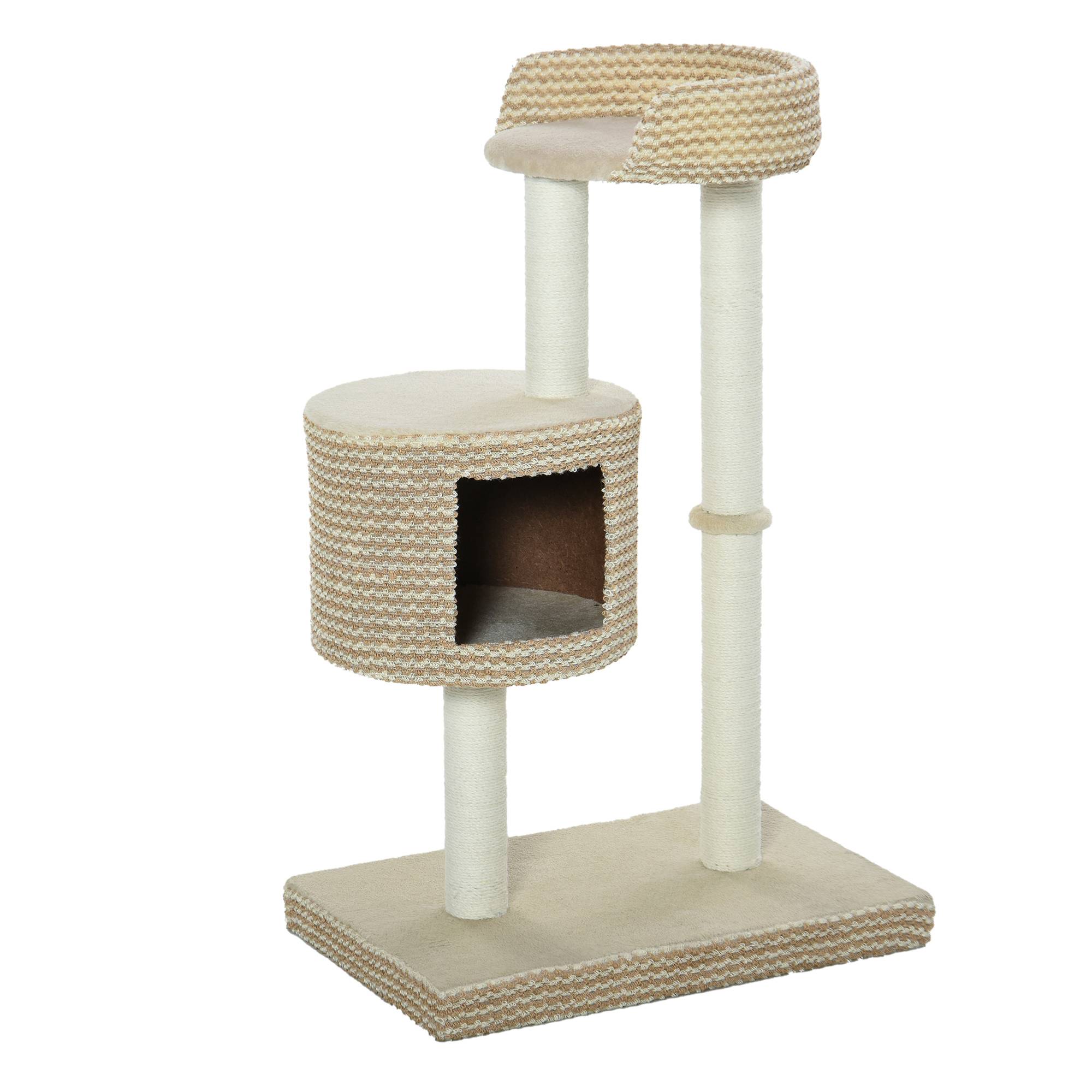 Pawhut - Arbre à chats style cosy chic griffoirs jute naturelle niche plateforme peluche courte bicolore beige café - Imagen 1