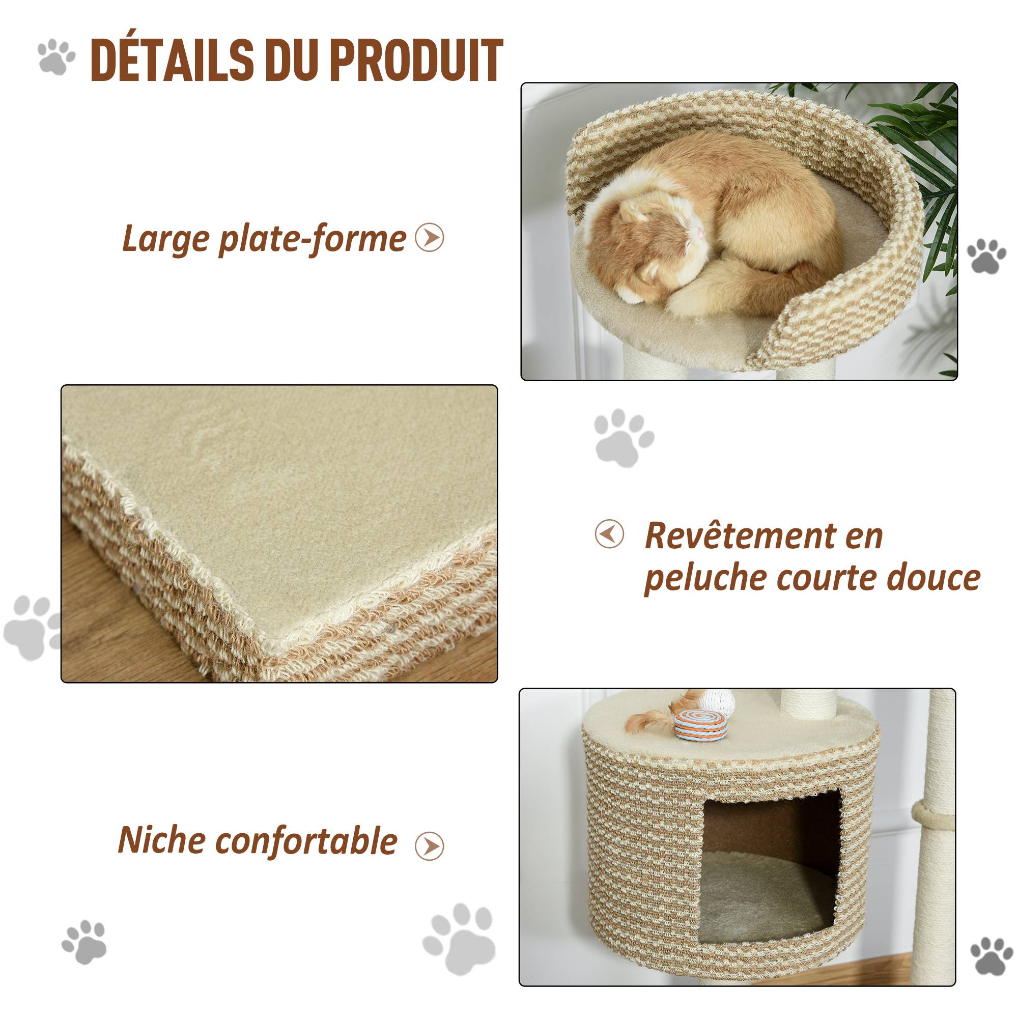 Pawhut - Arbre à chats style cosy chic griffoirs jute naturelle niche plateforme peluche courte bicolore beige café - Imagen 5