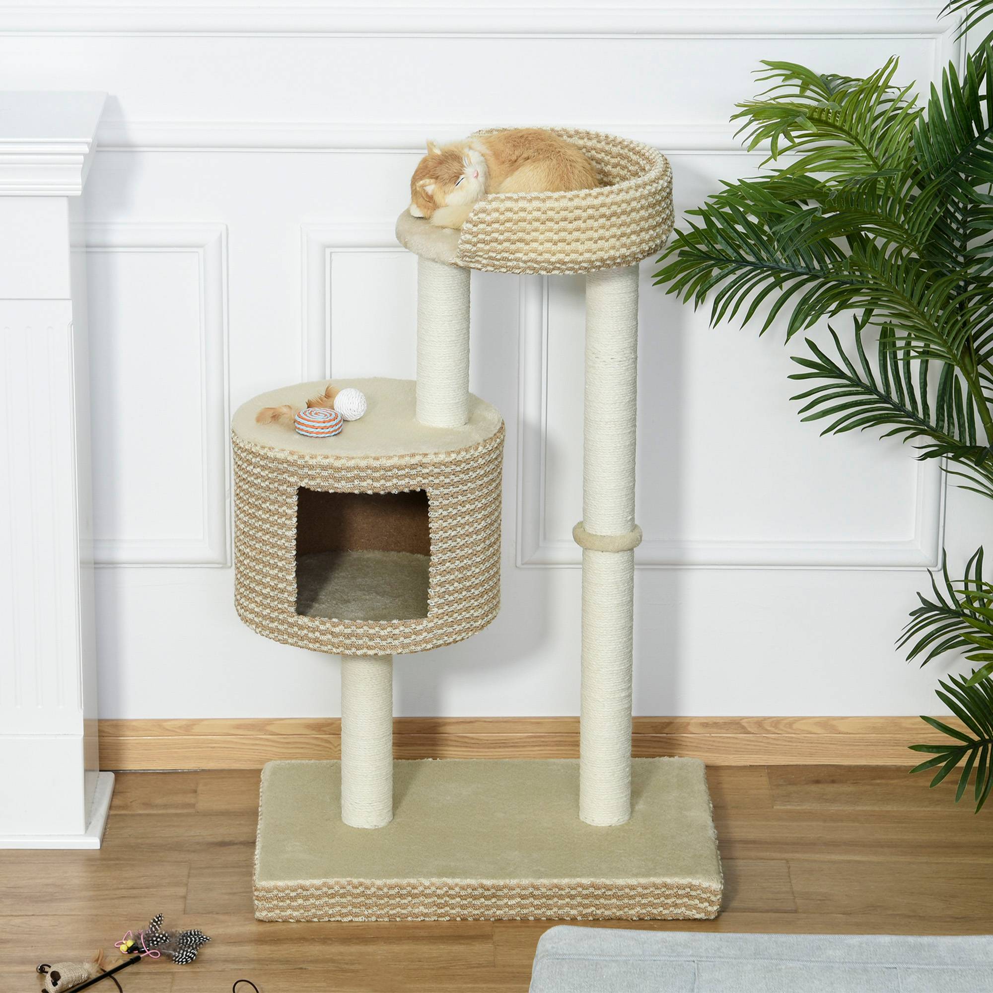 Pawhut - Arbre à chats style cosy chic griffoirs jute naturelle niche plateforme peluche courte bicolore beige café - Imagen 2