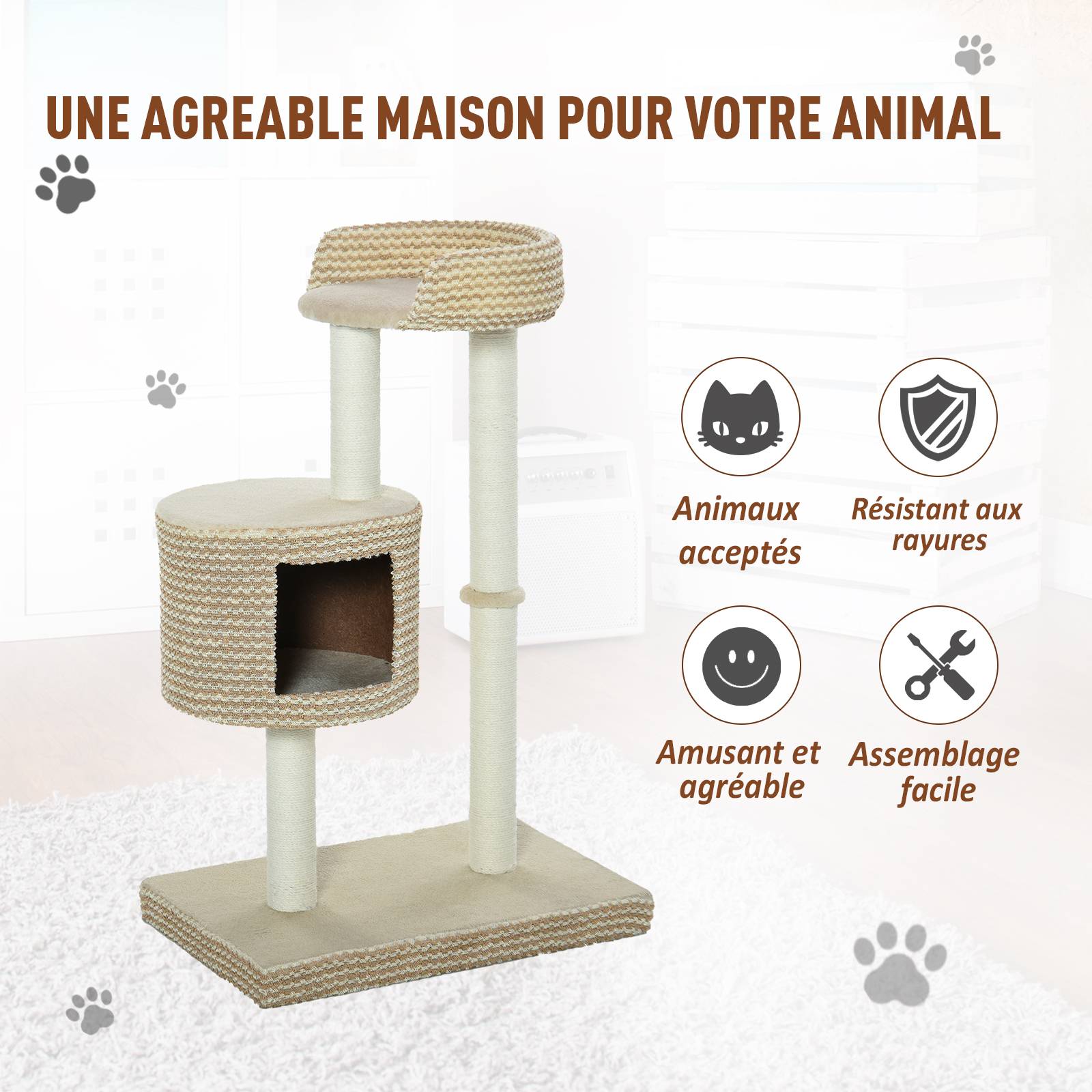 Pawhut - Arbre à chats style cosy chic griffoirs jute naturelle niche plateforme peluche courte bicolore beige café - Imagen 4
