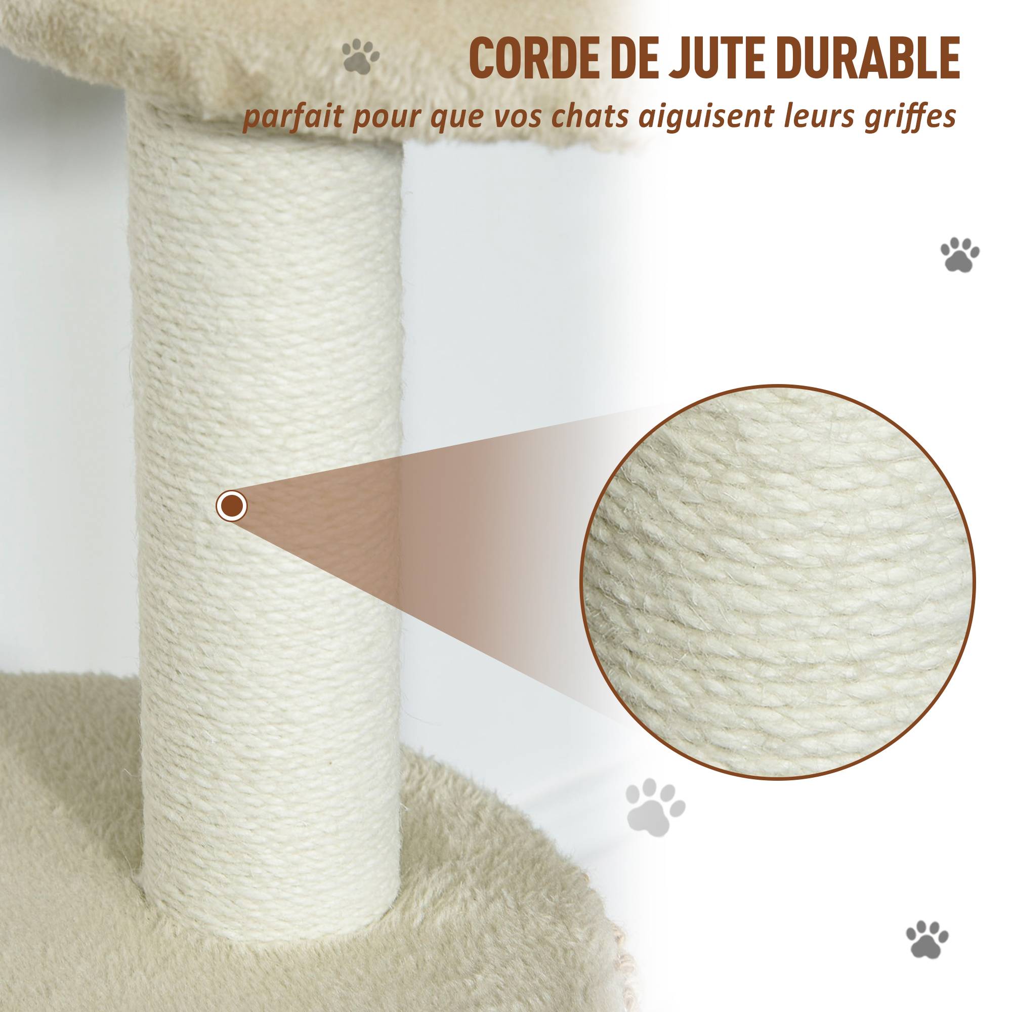 Pawhut - Arbre à chats style cosy chic griffoirs jute naturelle niche plateforme peluche courte bicolore beige café - Imagen 6