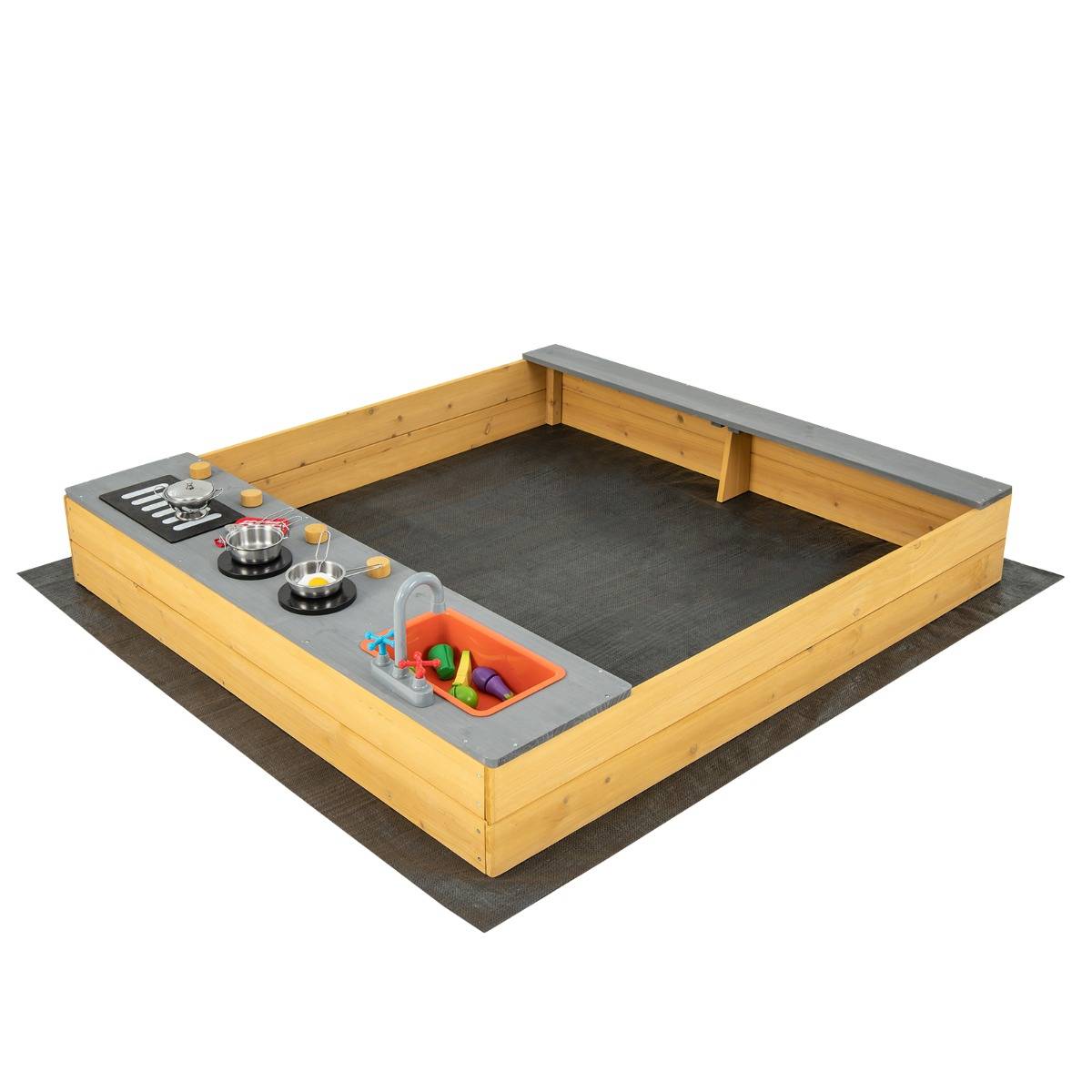 Bac à Sable Extérieur en Bois pour Enfants avec Accessoires de Cuisine Banc Intégré et Doublure Inférieure pour 3-8 Ans Naturel - Image 5