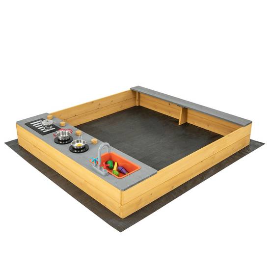Bac à Sable Extérieur en Bois pour Enfants avec Accessoires de Cuisine Banc Intégré et Doublure Inférieure pour 3-8 Ans Naturel - Image 1