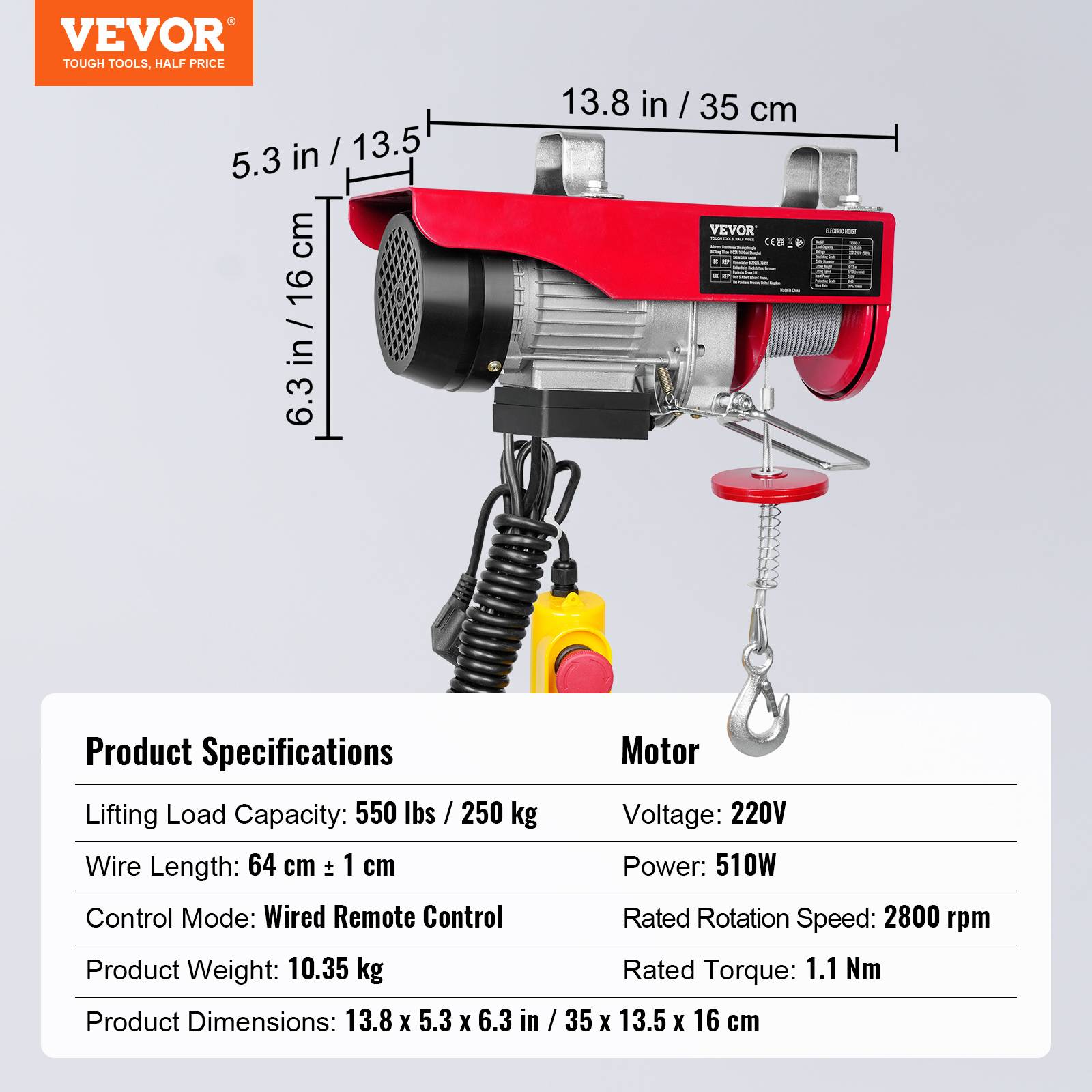 VEVOR Treuil électrique 250kg, télécommande filaire, 510W, câble 12m, pour ateliers et usines. - Image 7