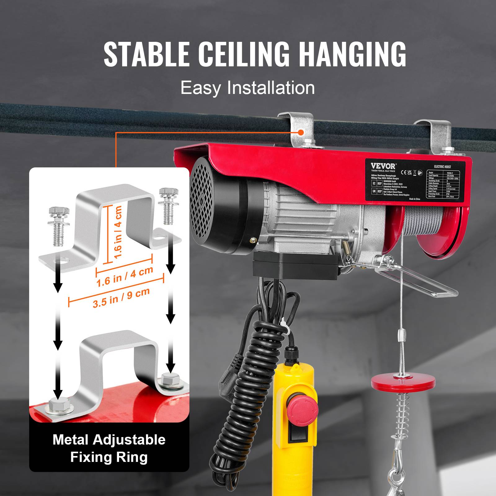 VEVOR Treuil électrique 250kg, télécommande filaire, 510W, câble 12m, pour ateliers et usines. - Image 6