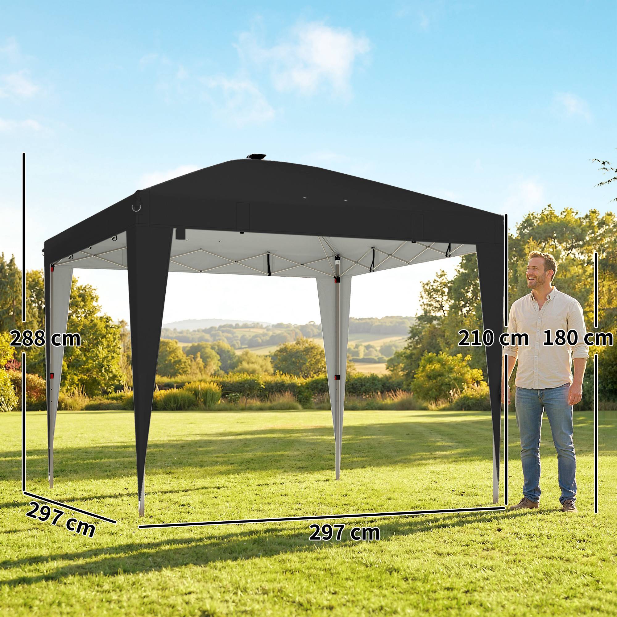 ComfortXL - Tonnelle de Jardin Pliante Métal Éclairage LED Solaire Réglable 3x3m Noir - ComfortXL Outdoor Living - Image 5