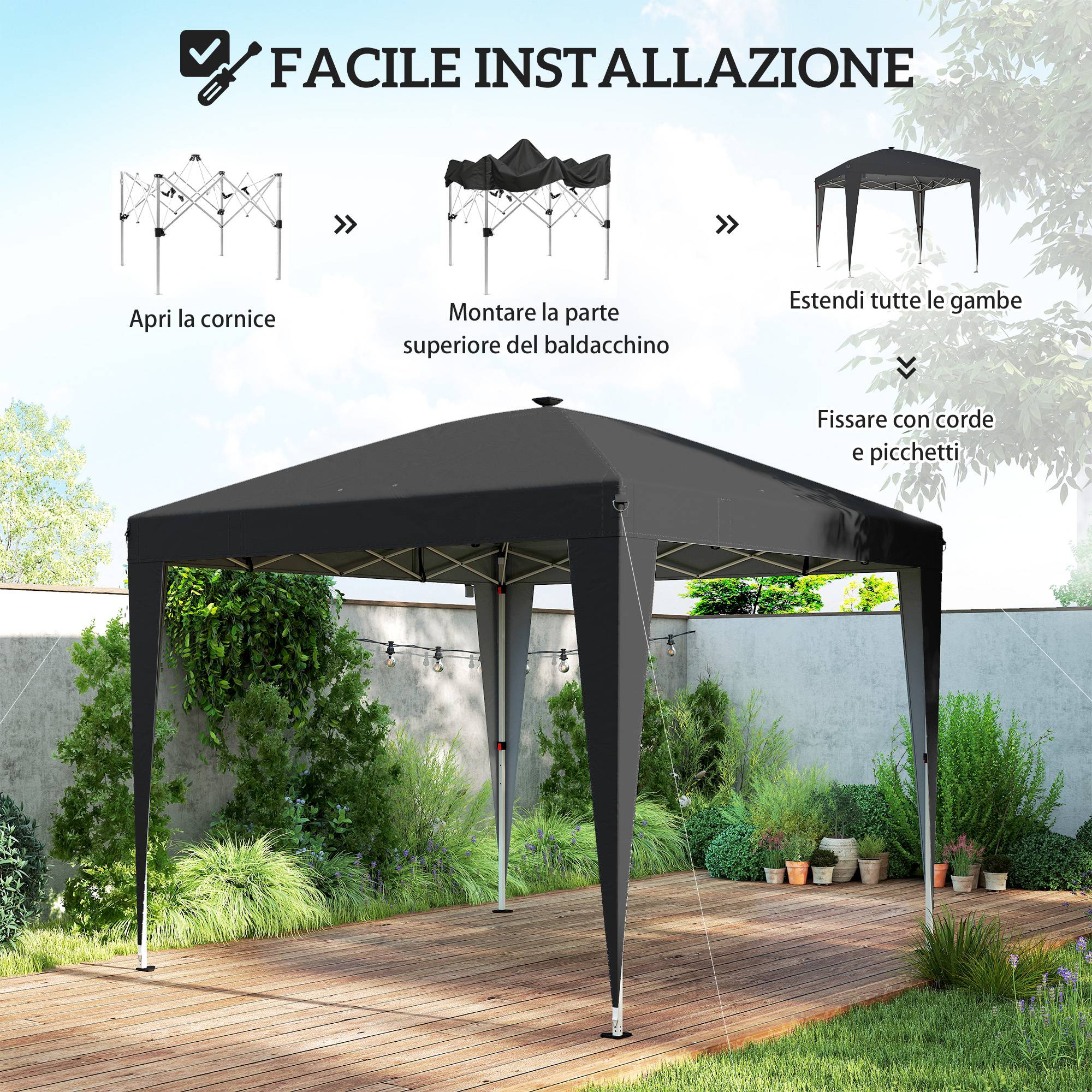 ComfortXL - Tonnelle de Jardin Pliante Métal Éclairage LED Solaire Réglable 3x3m Noir - ComfortXL Outdoor Living - Image 8