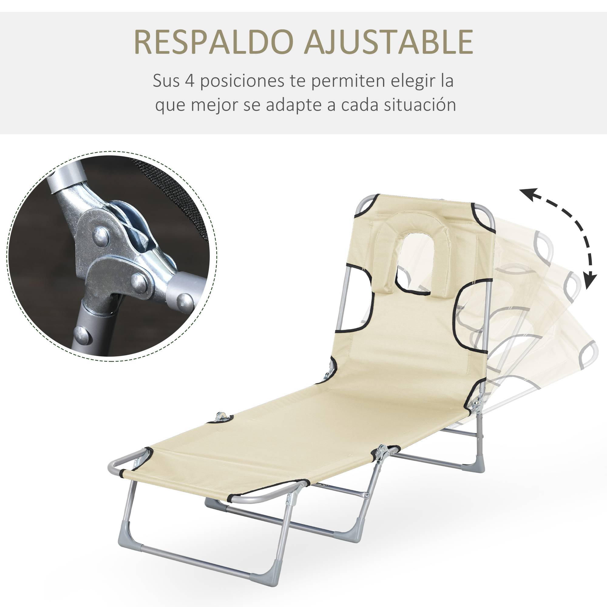 Transat de jardin pliant beige avec trou de lecture, appui-tête et dossier 5 positions, 182×56×28cm, idéal pour la plage - Image 7