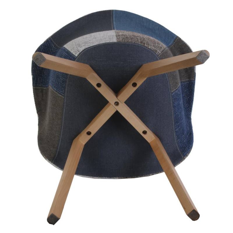 The Home Deco Factory - Fauteuil scandinave patchwork bleu gris pieds bois - Image 6