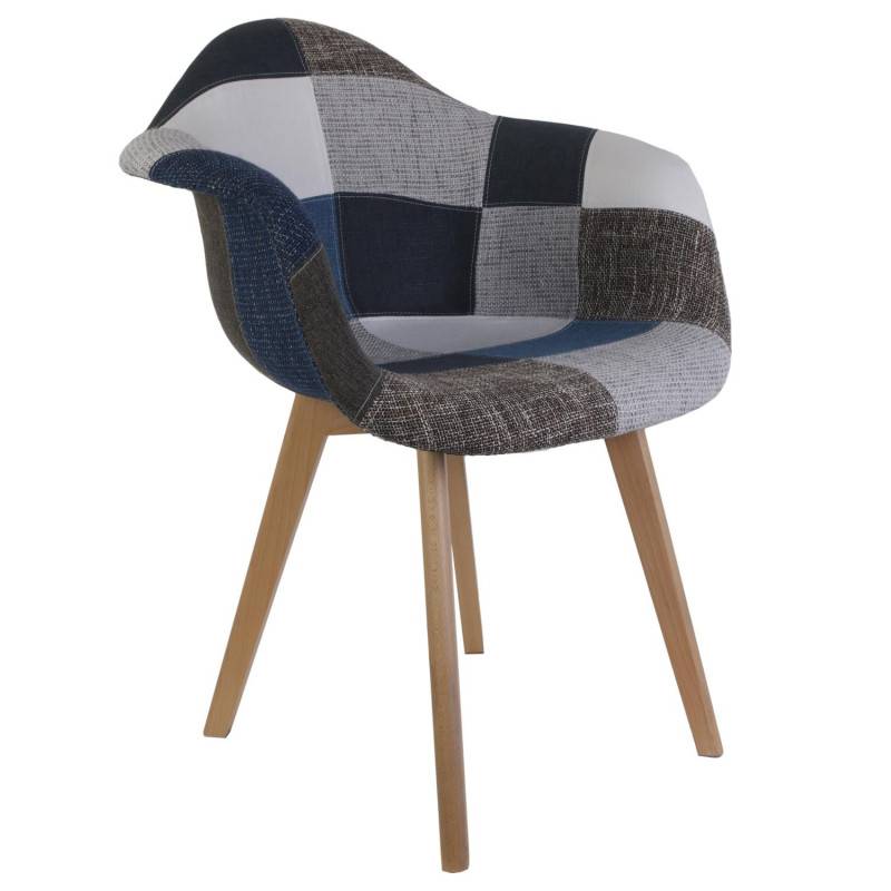 The Home Deco Factory - Fauteuil scandinave patchwork bleu gris pieds bois