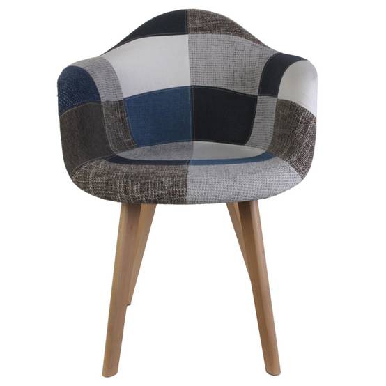 The Home Deco Factory - Fauteuil scandinave patchwork bleu gris pieds bois - Image 5