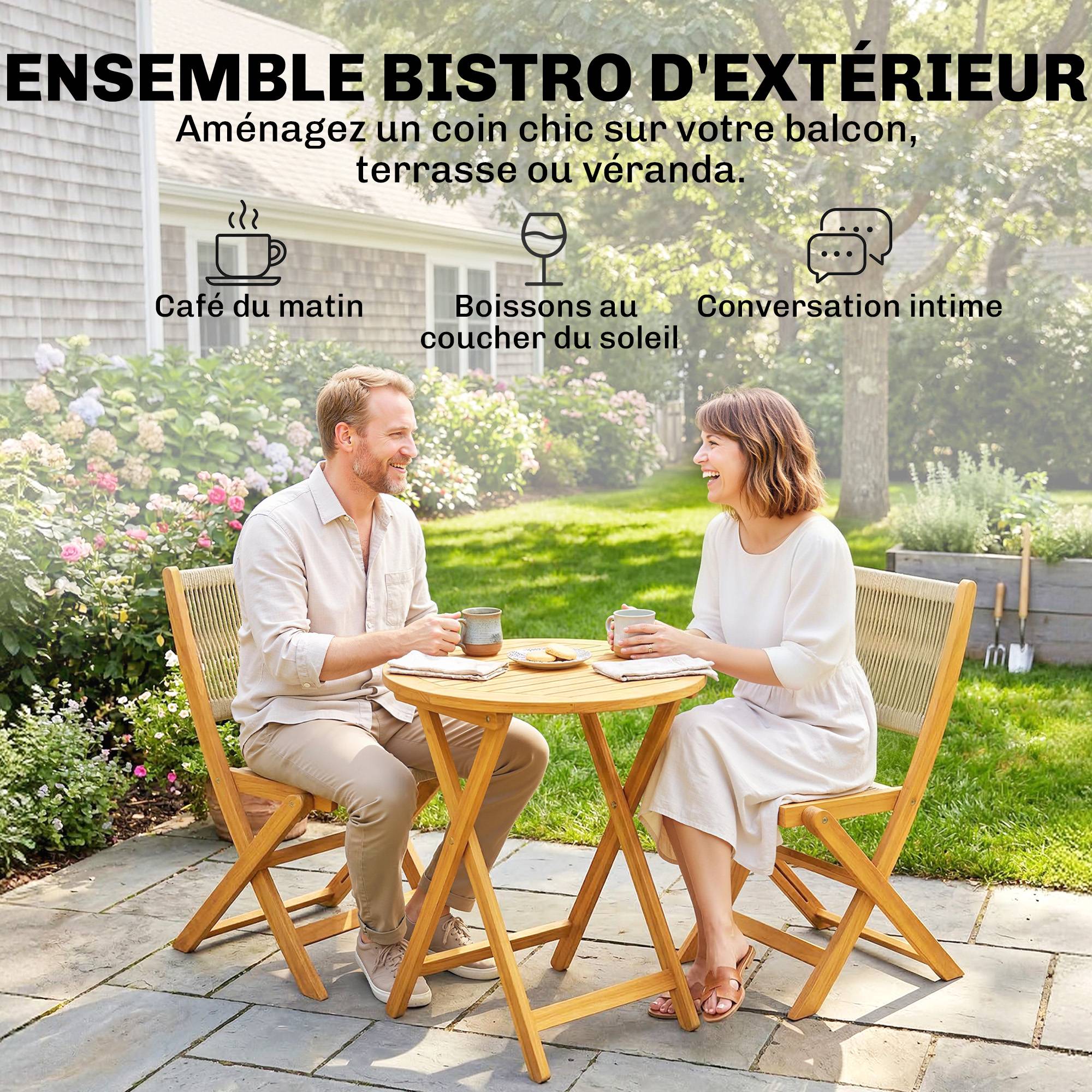 Salon de Jardin Ensemble Bistro 3 pièces | Mobilier de jardin Finition bois naturel Bois d'acacia, PP 48x55.5x88 cm - Image 6