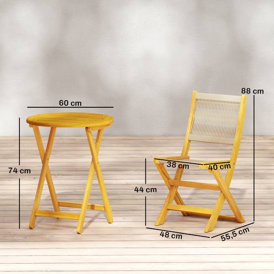 Salon de Jardin Ensemble Bistro 3 pièces | Mobilier de jardin Finition bois naturel Bois d'acacia, PP 48x55.5x88 cm - Image 5