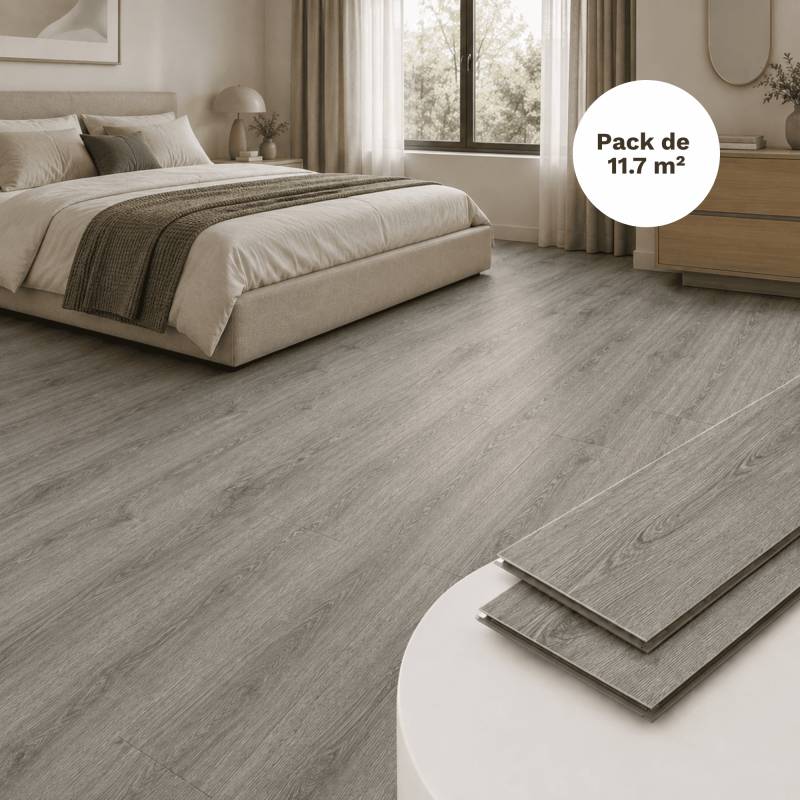 Sol vinyle SPC clipsable 11,7 m² chêne gris - Sous couche intégrée, usure 0,5 mm - Coloris - Chêne gris - Image 1