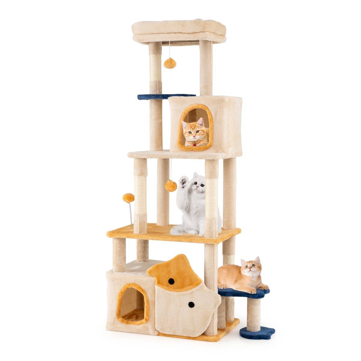 Arbre à Chat Mignon de 163cm avec 2 Condos Perchoir en Peluche Amovible Poteaux à Griffer en Sisal - Image 1