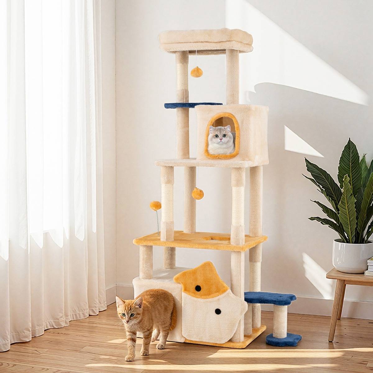 Arbre à Chat Mignon de 163cm avec 2 Condos Perchoir en Peluche Amovible Poteaux à Griffer en Sisal - Image 2