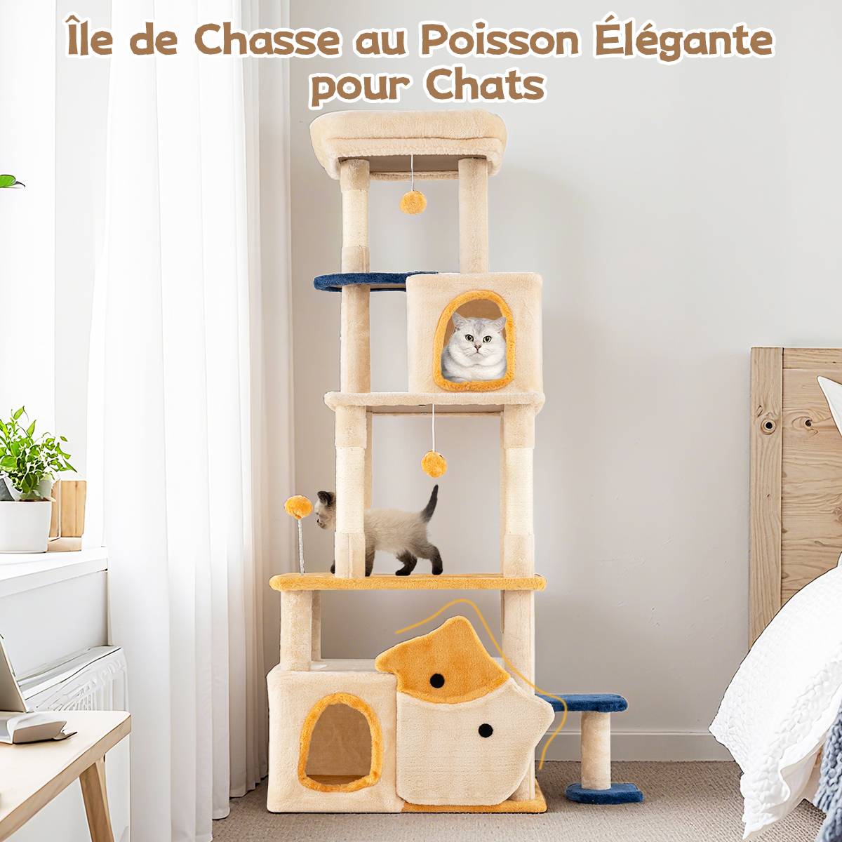 Arbre à Chat Mignon de 163cm avec 2 Condos Perchoir en Peluche Amovible Poteaux à Griffer en Sisal - Image 3