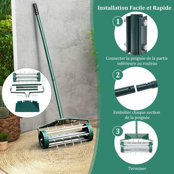 JAOGAUS Aérateur De Pelouse Manuel Roulant – 39 Dents 5,3 Cm + Manche 130 Cm – Pour Pelouse Dense Et Verte