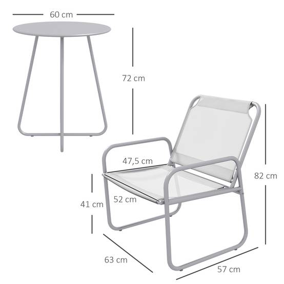 Salon de Jardin Bistro Acier Textilène Pour Balcon Terrasse 3 Pièces Gris - ComfortXL Outdoor Living - Image 3
