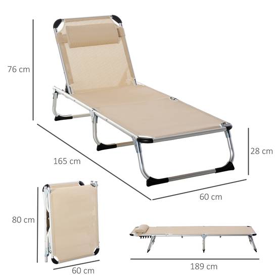 Sans Marque - Chaise longue pliante en aluminium avec appui-tête et dossier réglables, 60 x 165 x 76 cm, beige - Image 4