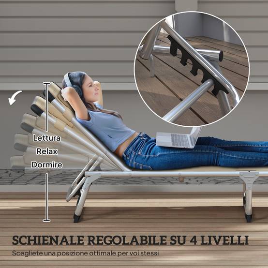 Sans Marque - Chaise longue pliante en aluminium avec appui-tête et dossier réglables, 60 x 165 x 76 cm, beige - Image 5