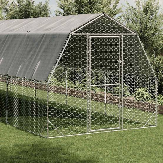 Enclos poulailler 15 m² acier galvanisé avec toit de protection pour jardin Argent – ComfortXL Outdoor Living - Image 2