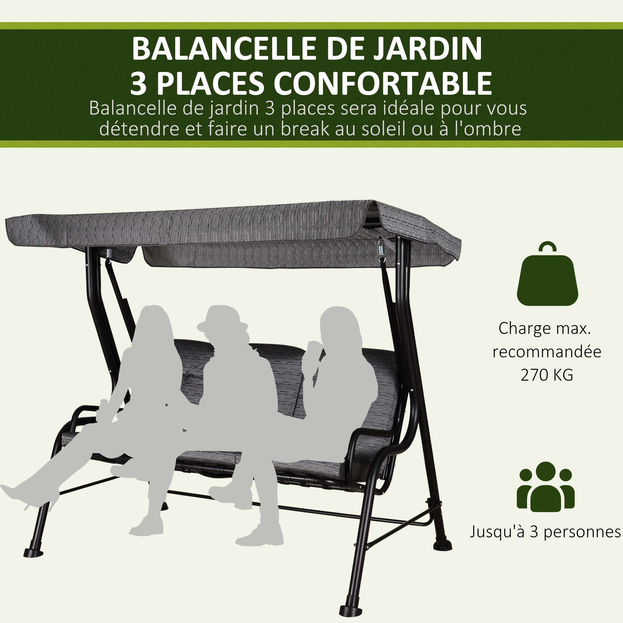 Outsunny - Balancelle de jardin 3 places grand confort toit inclinaison réglable épais coussins amovibles polyester acier époxy gris noir - Outsunny - Imagen 6