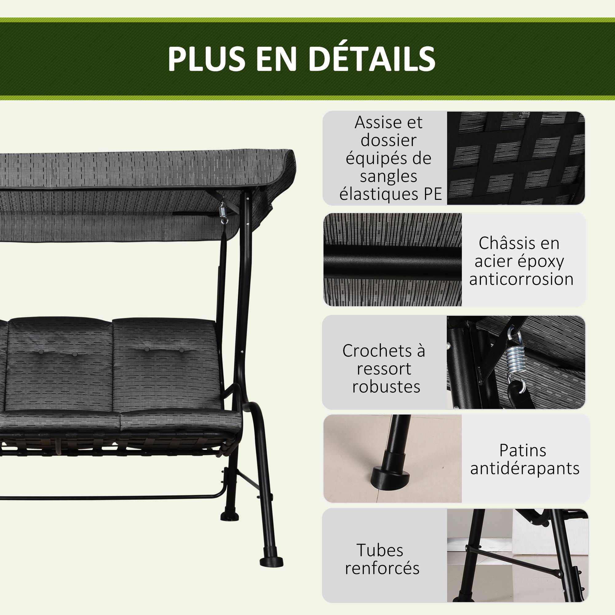 Outsunny - Balancelle de jardin 3 places grand confort toit inclinaison réglable épais coussins amovibles polyester acier époxy gris noir - Outsunny - Imagen 7