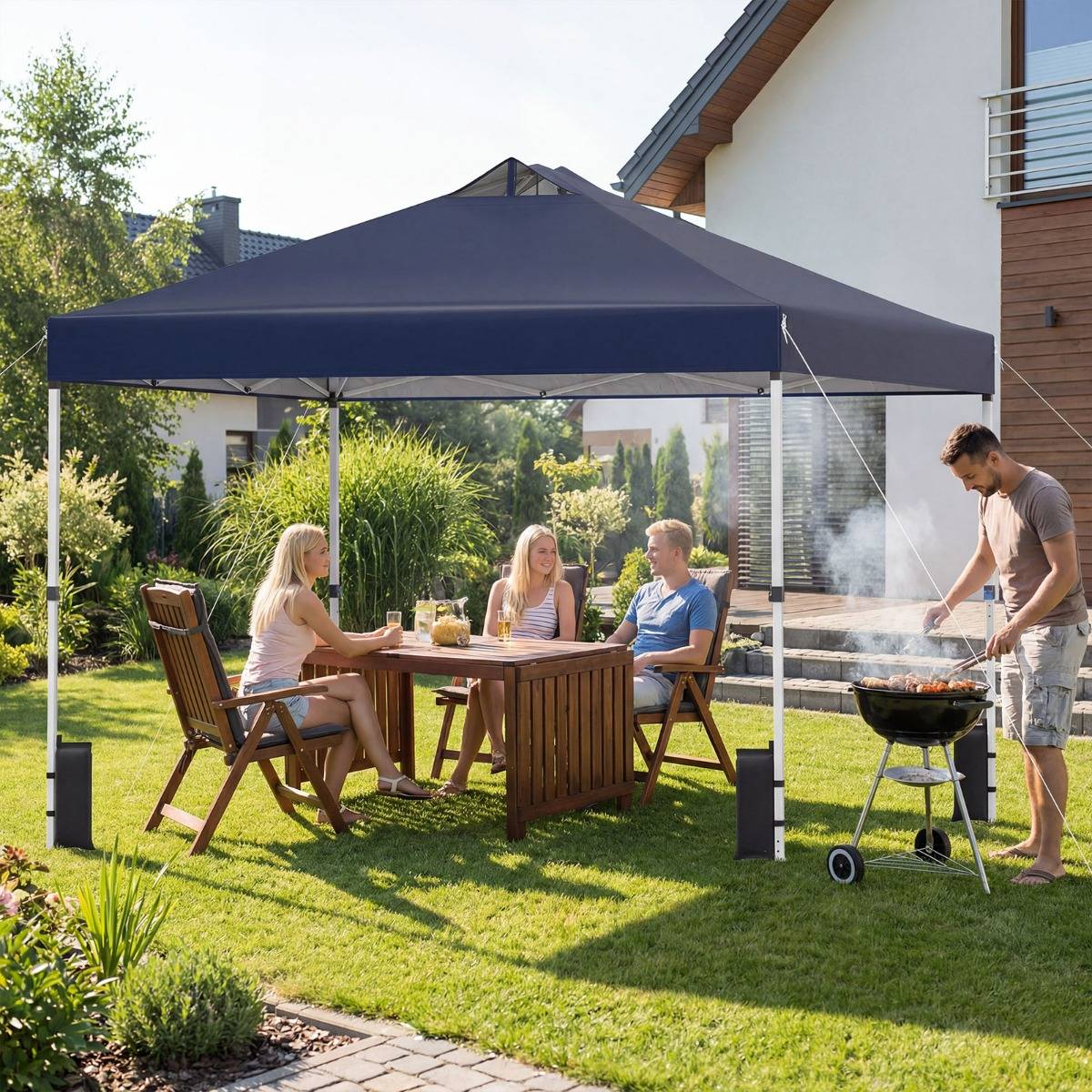 Tonnelle de Jardin 3x3 m Tente Pop-Up Toit à Revêtement Argenté Gazebo Portable avec 4 Sacs de Sable Piquets Bleu MAISON CHIC - Image 3