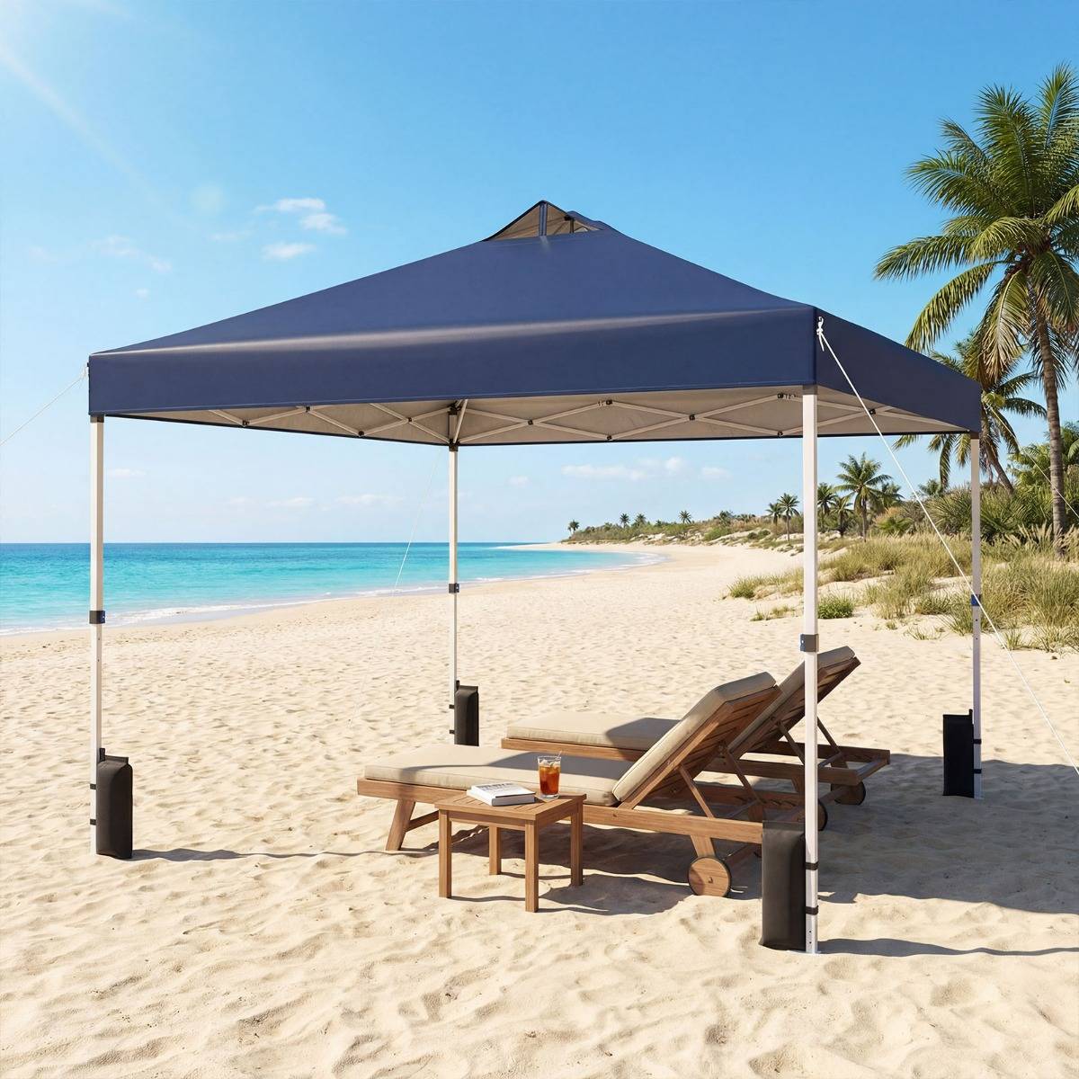 Tonnelle de Jardin 3x3 m Tente Pop-Up Toit à Revêtement Argenté Gazebo Portable avec 4 Sacs de Sable Piquets Bleu MAISON CHIC - Image 4