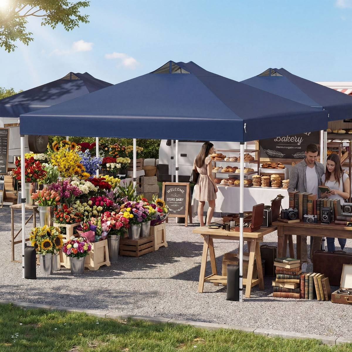 Tonnelle de Jardin 3x3 m Tente Pop-Up Toit à Revêtement Argenté Gazebo Portable avec 4 Sacs de Sable Piquets Bleu MAISON CHIC - Image 5