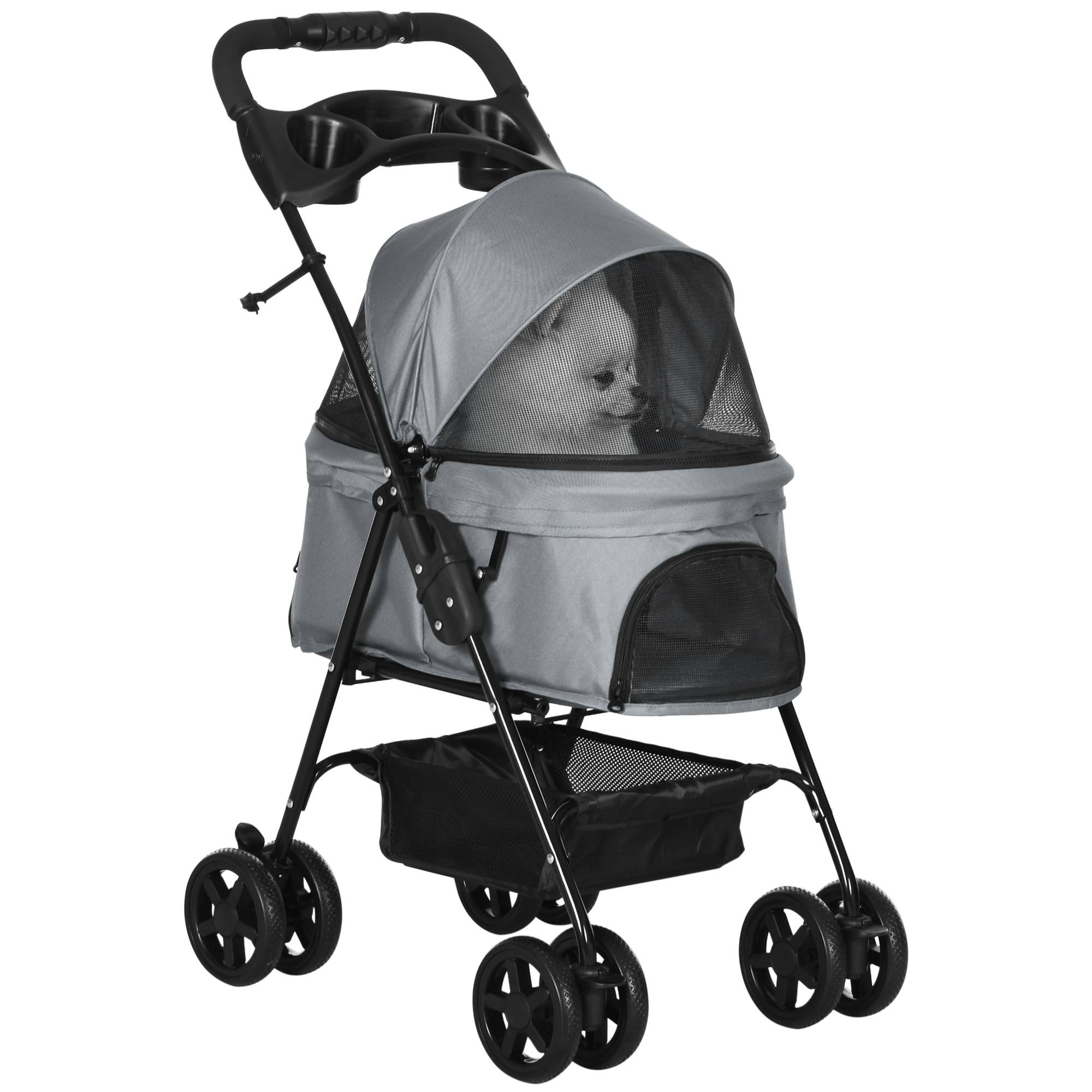 Poussette pour chien et chat pliable, 4 roues avec freins, tissu Oxford 300D imperméable, panier de rangement, gris - Image 1